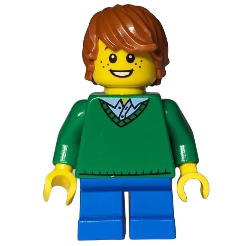 Boy, Green Sweater, Short Blue Legs, Dark Ora… — minifigurine LEGO | Brick Broker