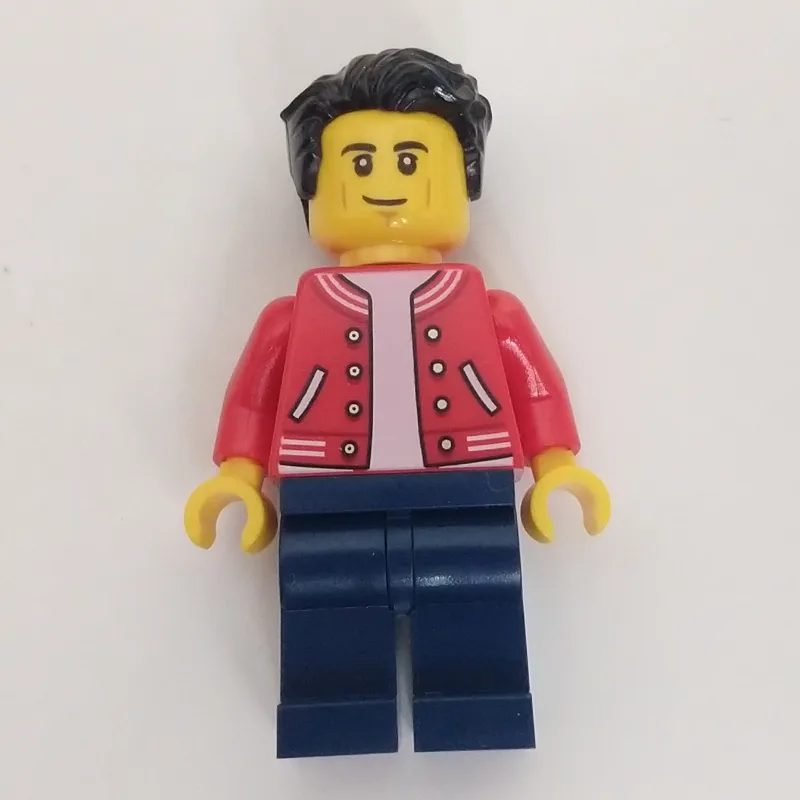 Man, Red Letterman Jacket, Dark Blue Legs — minifigurine LEGO | Brick Broker