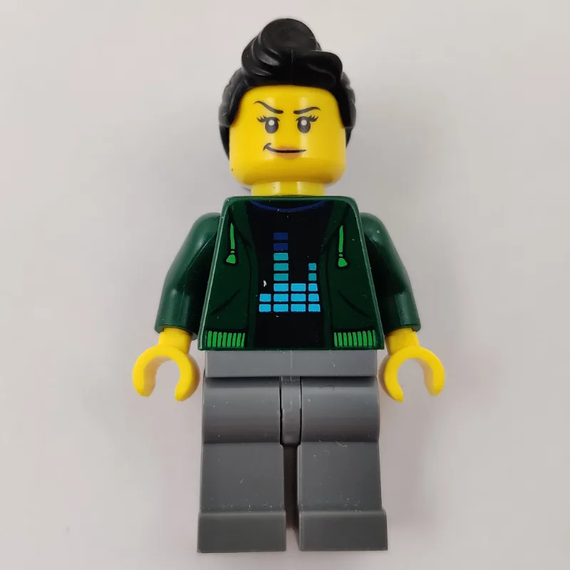 Woman, Open Dark Green Hoodie, Black Hair — minifigurine LEGO | Brick Broker