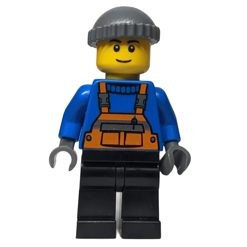 Man, Orange Overalls over Blue Sweater, Black… — minifigurine LEGO | Brick Broker