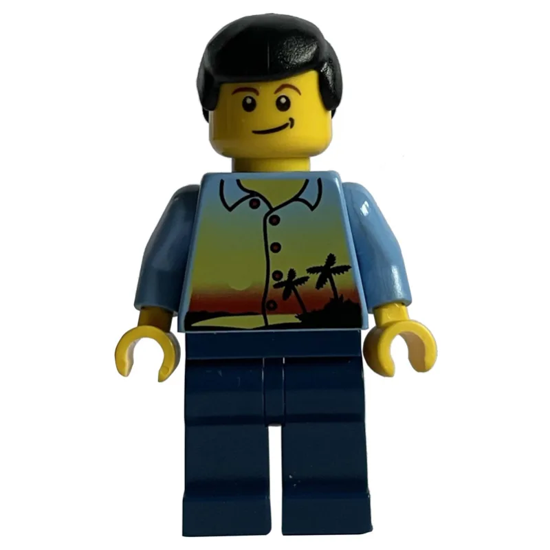 Man, Medium Blue Shirt with Palm Trees and Su… — minifigurine LEGO | Brick Broker