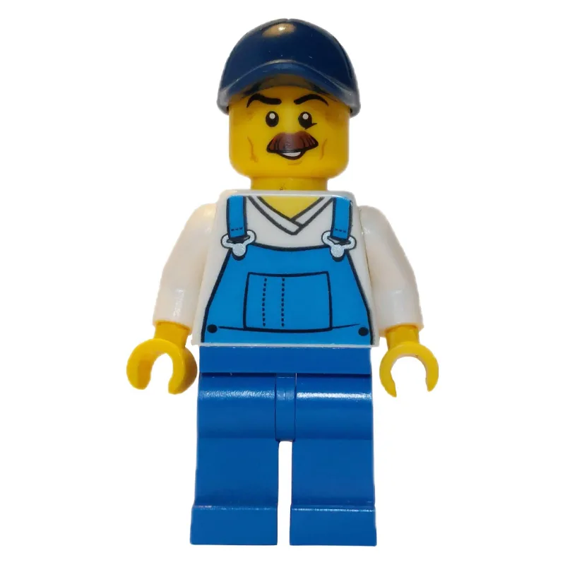 Man, Blue Overalls over White V-Neck Shirt, D… — minifigurine LEGO | Brick Broker