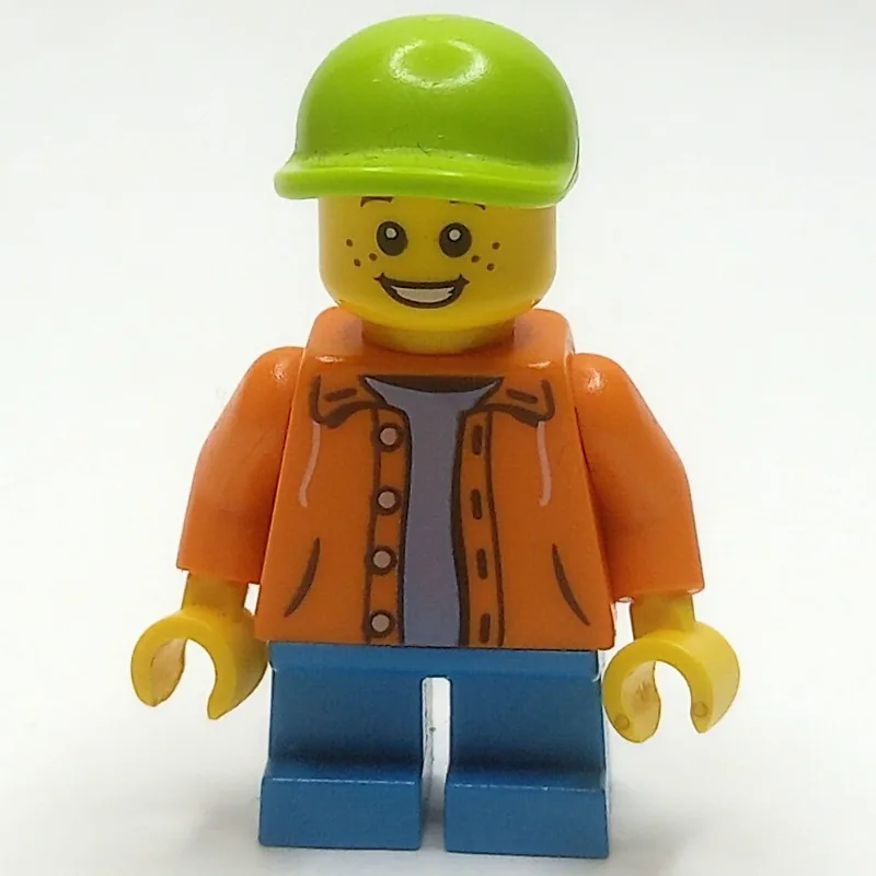 Kid - Orange Torso, Dark Azure Legs, Lime Cap — minifigurine LEGO | Brick Broker