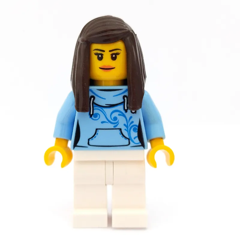 Woman, Bright Light Blue Hoodie, White Legs,… — minifigurine LEGO | Brick Broker