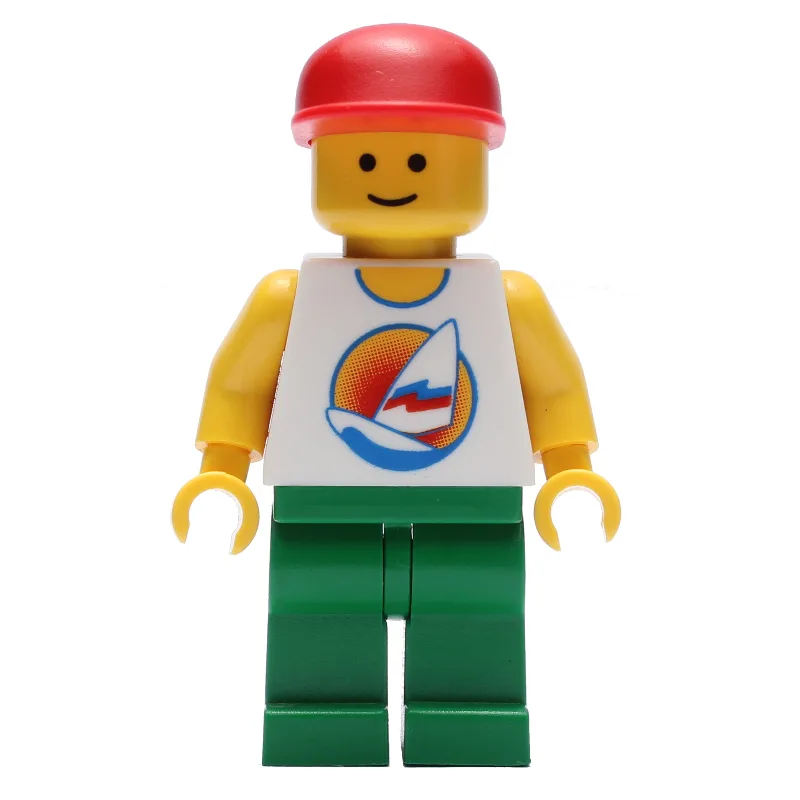 White Torso with Surfboard, Green Legs, Red C… — minifigurine LEGO | Brick Broker