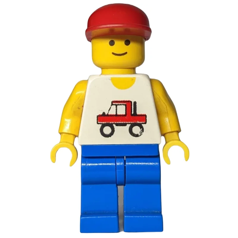 Man, White Vest with Truck, Blue Legs, Red Ca… — minifigurine LEGO | Brick Broker