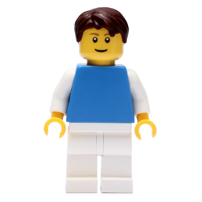 Man, Blue Torso, White Legs, Dark Brown Hair — minifigurine LEGO | Brick Broker