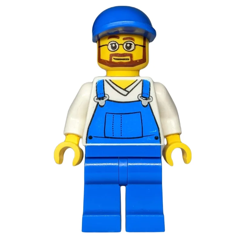 Man, Blue Overalls over White V-Neck Shirt, B… — minifigurine LEGO | Brick Broker