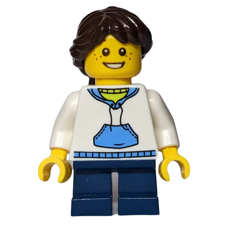 Girl, White Hoodie, Short Dark Blue Legs — minifigurine LEGO | Brick Broker