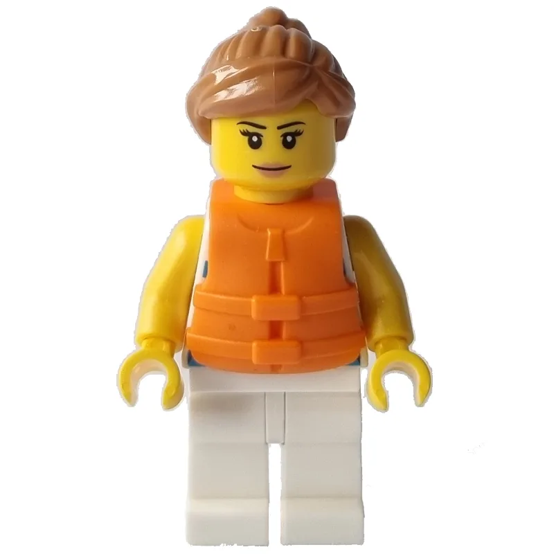 Woman, Blue Striped Shirt, White Legs, Orange… — minifigurine LEGO | Brick Broker