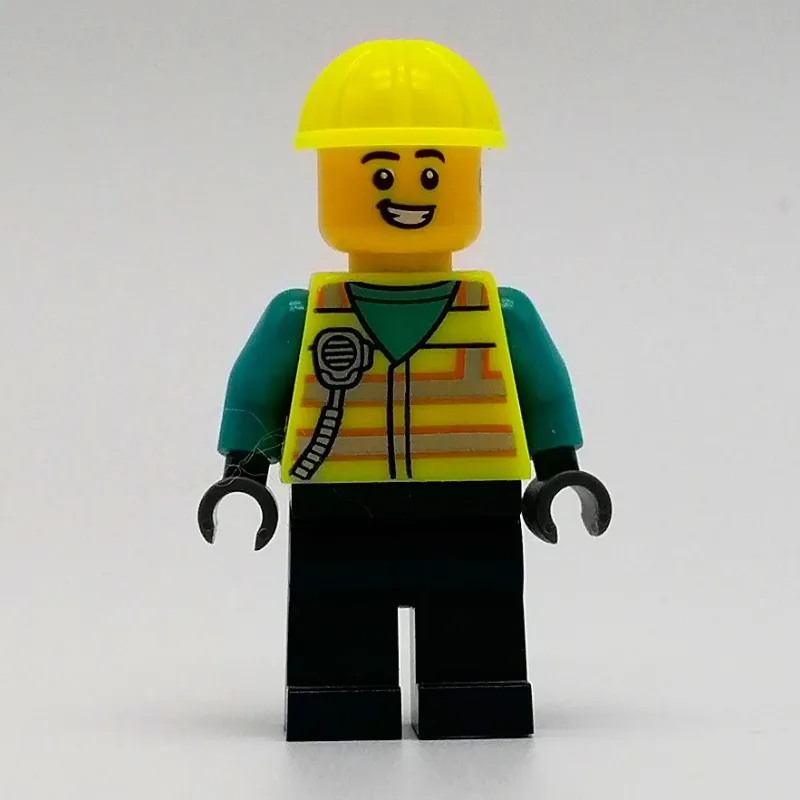 Man, Vibrant Yellow Safety Vest and Helmet — minifigurine LEGO | Brick Broker
