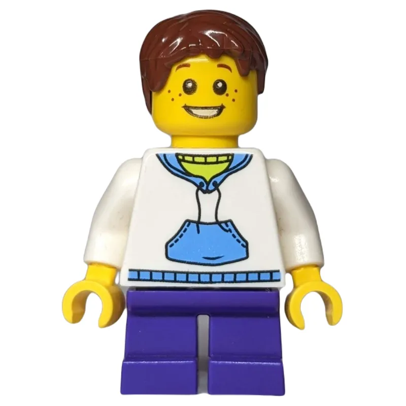 Boy, White and Blue Hoodie, Short Dark Purple… — minifigurine LEGO | Brick Broker