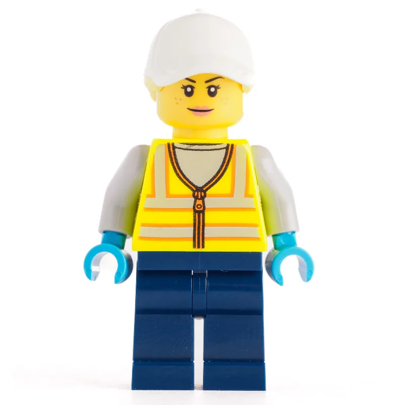 Woman, Vibrant Yellow Safety Vest, White Cap — minifigurine LEGO | Brick Broker
