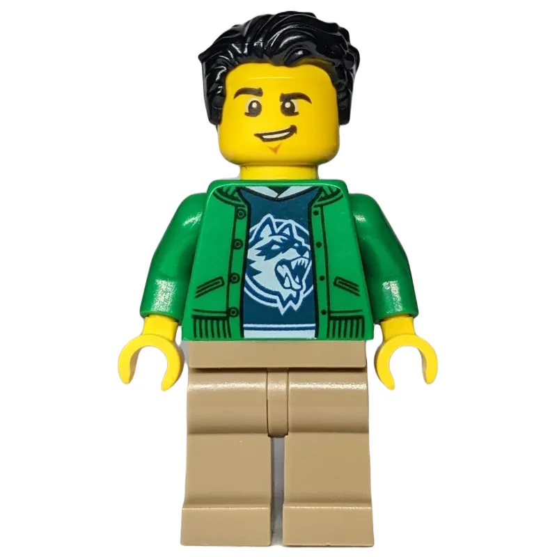 Man, Open Green Jacket, Dark Tan Legs, Black… — minifigurine LEGO | Brick Broker