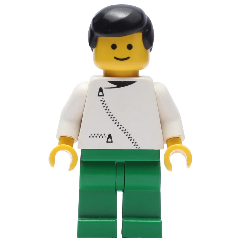 Man, White Jacket with Zipper, Green Legs, Bl… — minifigurine LEGO | Brick Broker