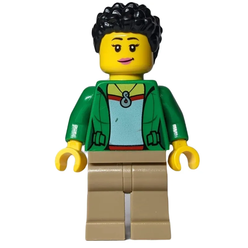Woman, Open Green Jacket, Dark Tan Legs, Blac… — minifigurine LEGO | Brick Broker