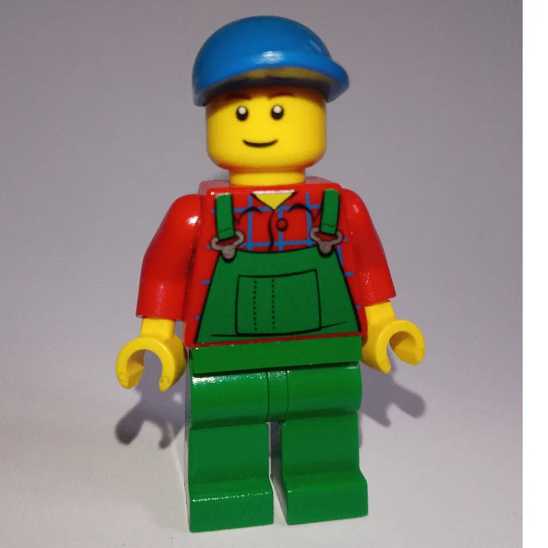 Man, Green Overalls over Red Shirt, Blue Cap — minifigurine LEGO | Brick Broker