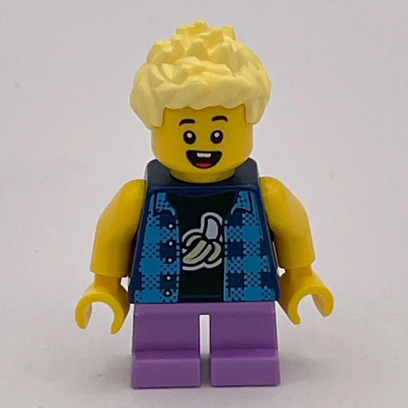 Boy, Dark Blue Banana Shirt, Short Medium Lav… — minifigurine LEGO | Brick Broker