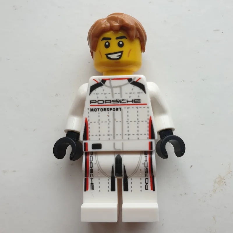 Race Driver, White Race Suit with 'Porsche' — minifigurine LEGO | Brick Broker