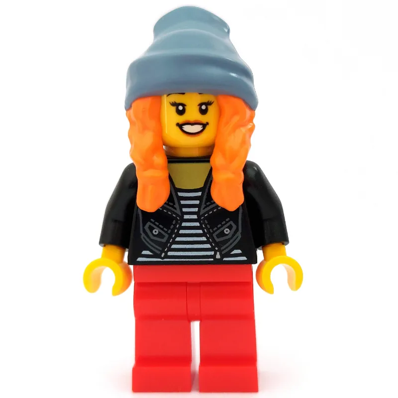 Woman, Open Black Jacket over Black and White… — minifigurine LEGO | Brick Broker