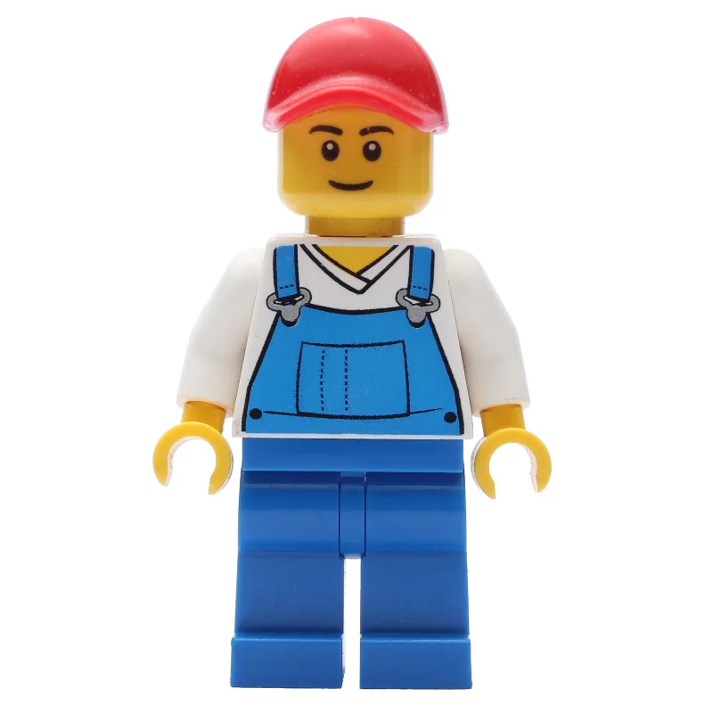 Man, Blue Overalls over White V-Neck Shirt, R… — minifigurine LEGO | Brick Broker