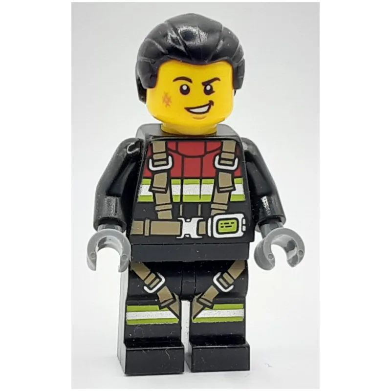 Firefighter, Black Fire Suit, Black Hair — minifigurine LEGO | Brick Broker