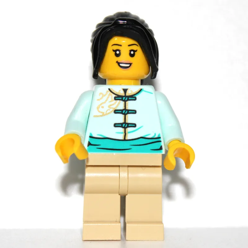 Light Aqua Torso, Tan Legs, Long Black Hair — minifigurine LEGO | Brick Broker