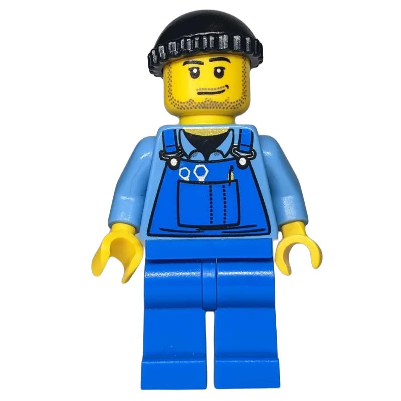 Man, Blue Overalls over Shirt, Blue Legs, Bla… — minifigurine LEGO | Brick Broker