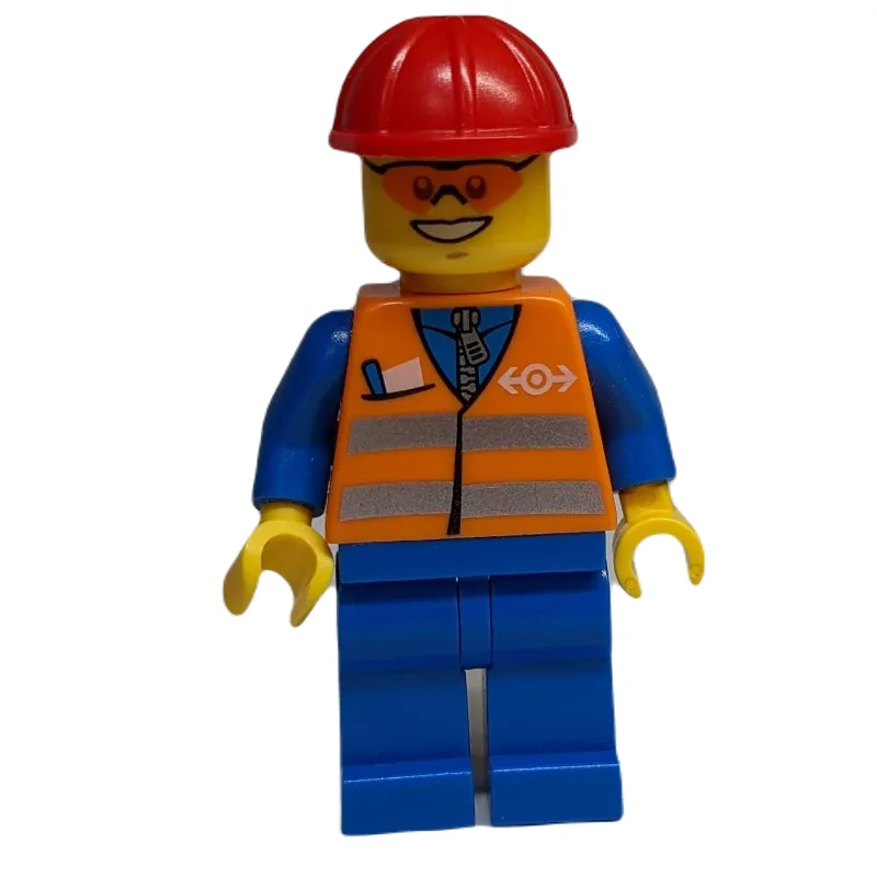 Train Worker - Orange Torso, Blue Legs, Red H… — minifigurine LEGO | Brick Broker