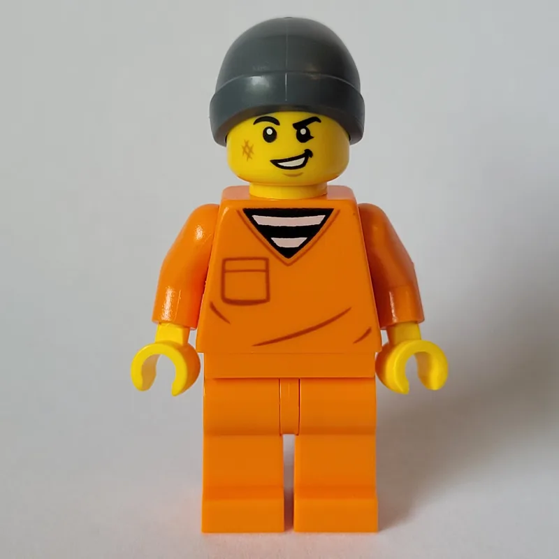 Criminal, Orange Suit, Dark Bluish Grey Beanie — minifigurine LEGO | Brick Broker
