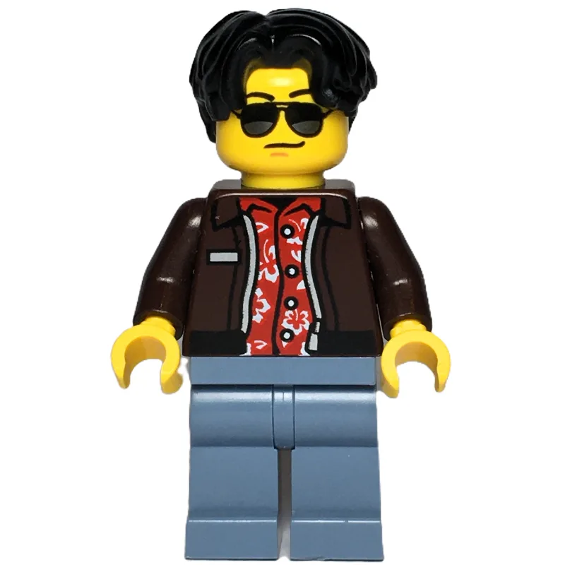 Car Driver, Dark Brown Jacket, Sand Blue Legs — minifigurine LEGO | Brick Broker