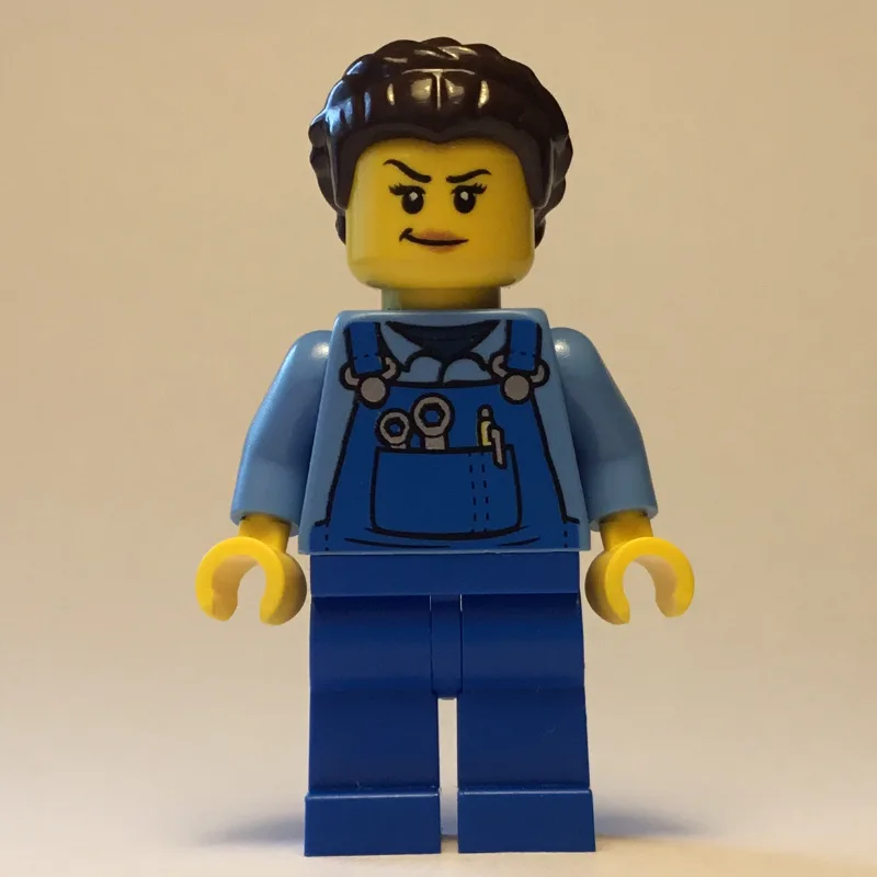 Woman, Blue Overalls, Dark Brown Hair — dans quels sets LEGO ? (fig-012623) | Brick Broker