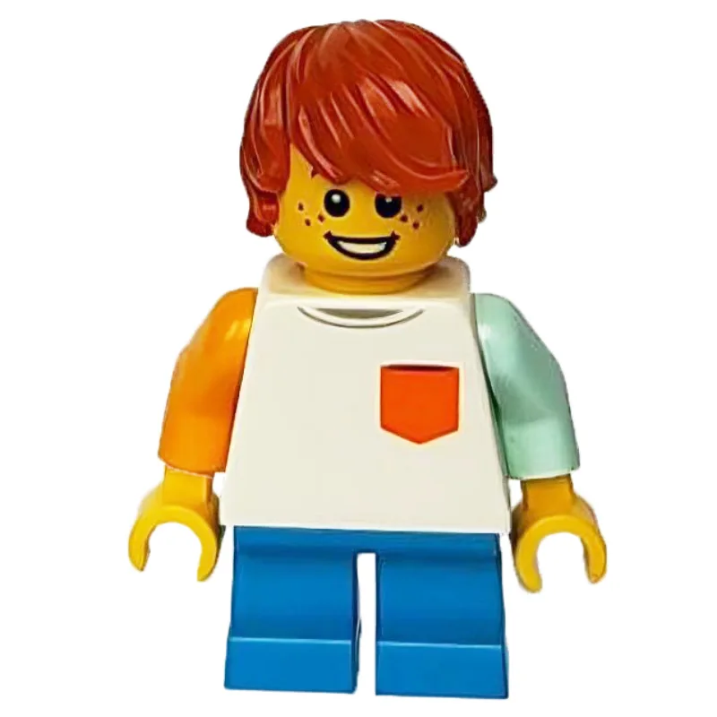 Boy, White Top, Short Dark Azure Legs, Dark O… — minifigurine LEGO | Brick Broker
