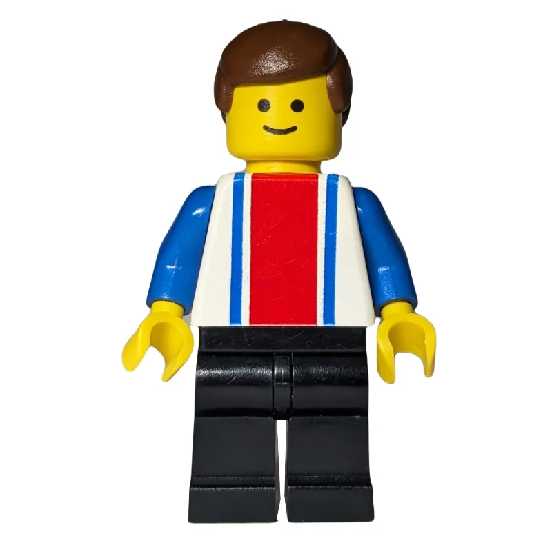 Man - White Torso with Blue/Red Stripes, Blac… — minifigurine LEGO | Brick Broker