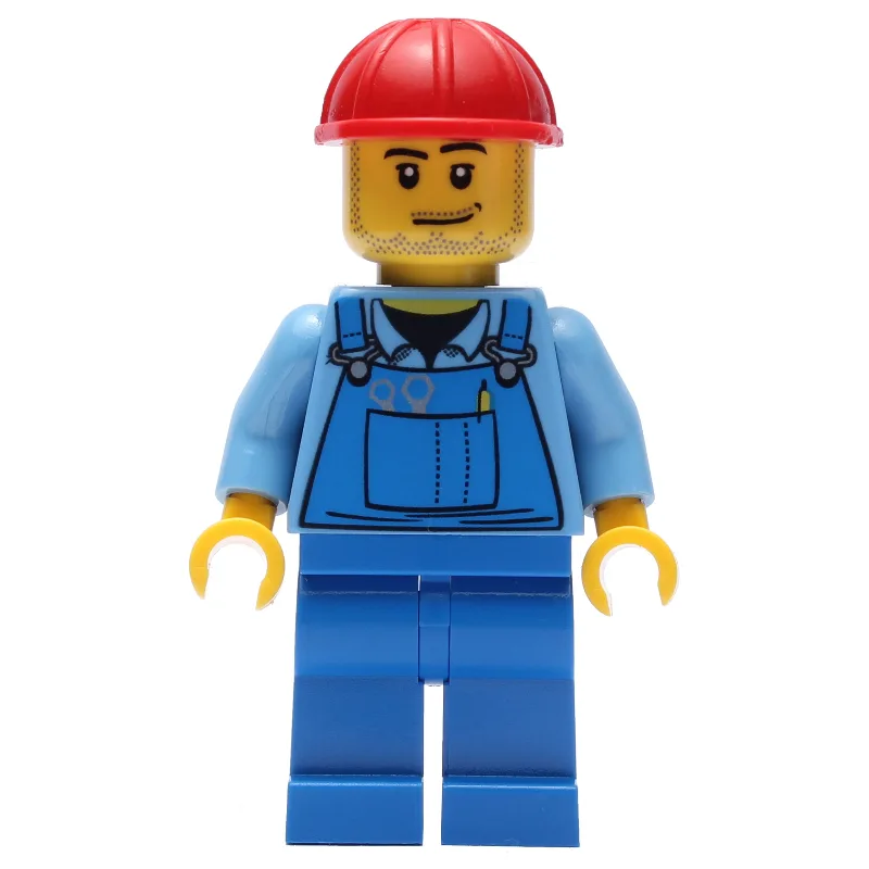 Man, Blue Overalls, Red Hard Hat, Stubble — minifigurine LEGO | Brick Broker