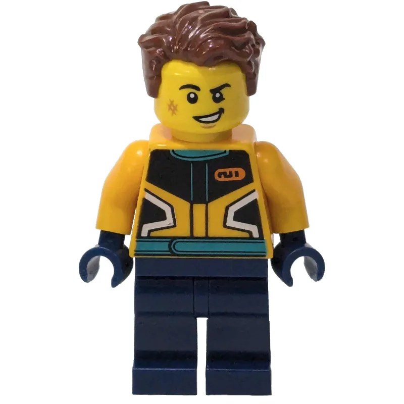 Racer, Orange and Dark Blue Race Suit, Reddis… — minifigurine LEGO | Brick Broker