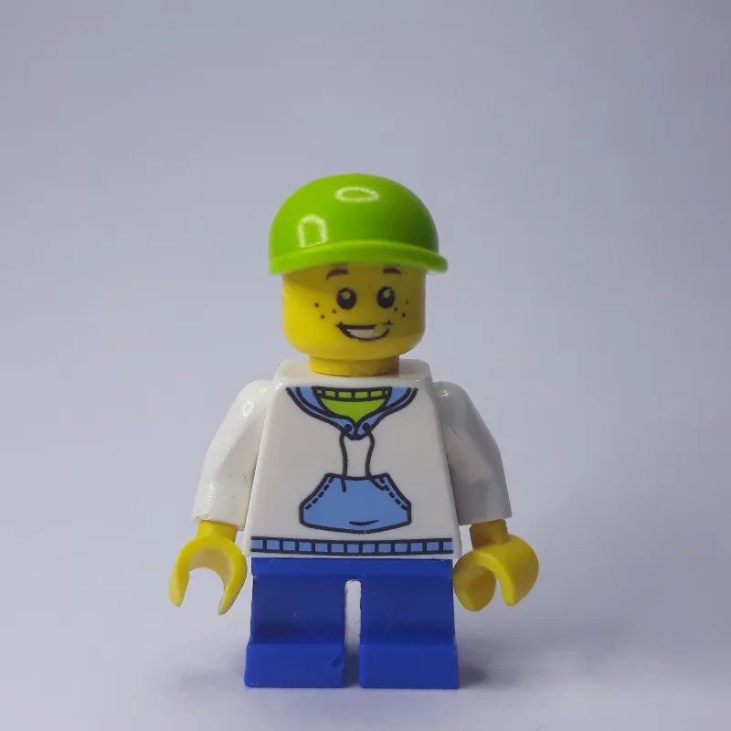Boy, White and Blue Hoodie, Short Blue Legs,… — minifigurine LEGO | Brick Broker
