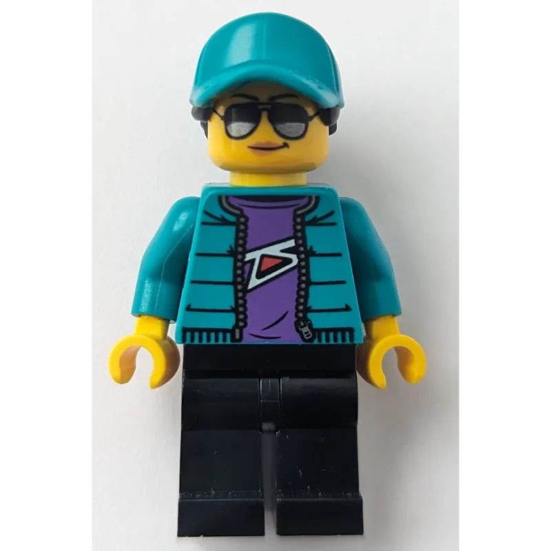 Woman, Dark Turquoise Jacket and Cap, Black L… — minifigurine LEGO | Brick Broker