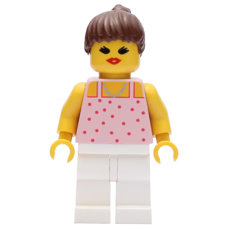 Woman, Pink Top with Spots, White Legs, Brown… — minifigurine LEGO | Brick Broker
