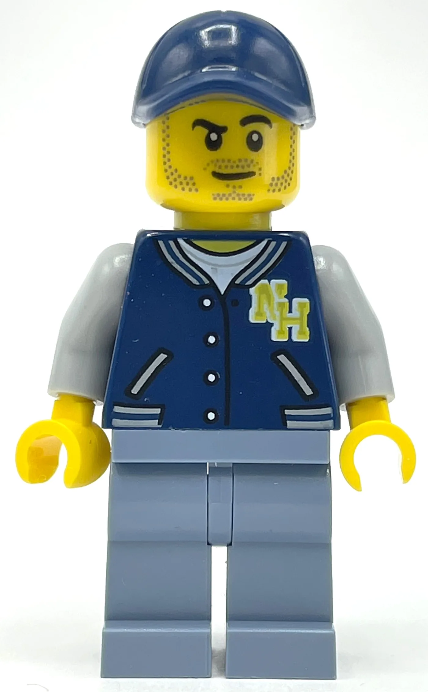 Man, Dark Blue Letterman Shirt with 'NH', San… — minifigurine LEGO | Brick Broker