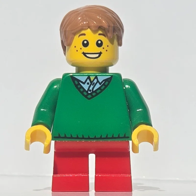 Kid - Green Torso, Red Legs, Medium Nougat Ha… — minifigurine LEGO | Brick Broker