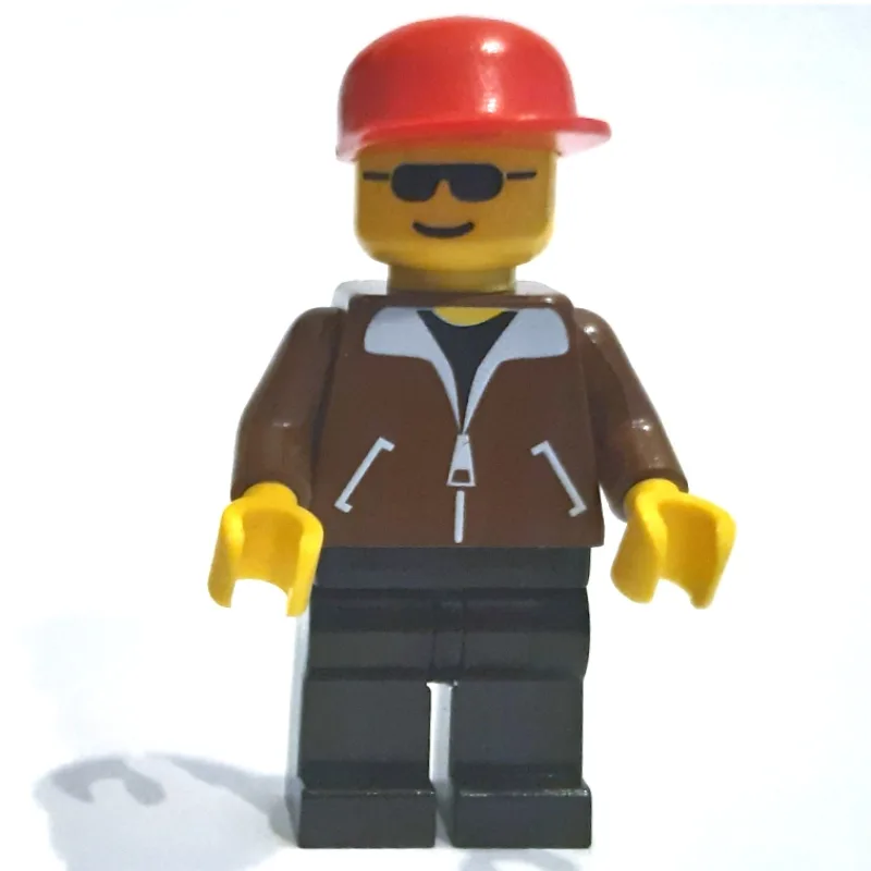 Man - Brown Jacket, Black Legs, Red Cap — minifigurine LEGO | Brick Broker