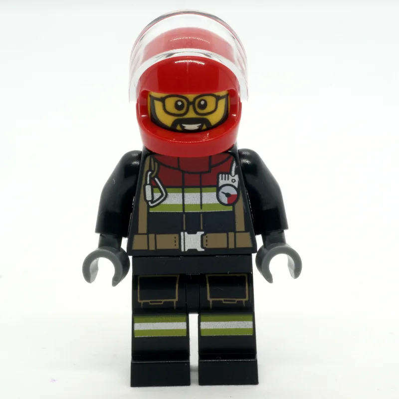 Firefighter, Black Fire Suit, Red Helmet with… — minifigurine LEGO | Brick Broker