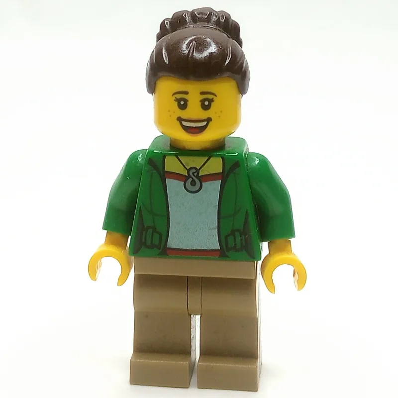 Green Torso, Dark Tan Legs, Dark Brown Hair — minifigurine LEGO | Brick Broker