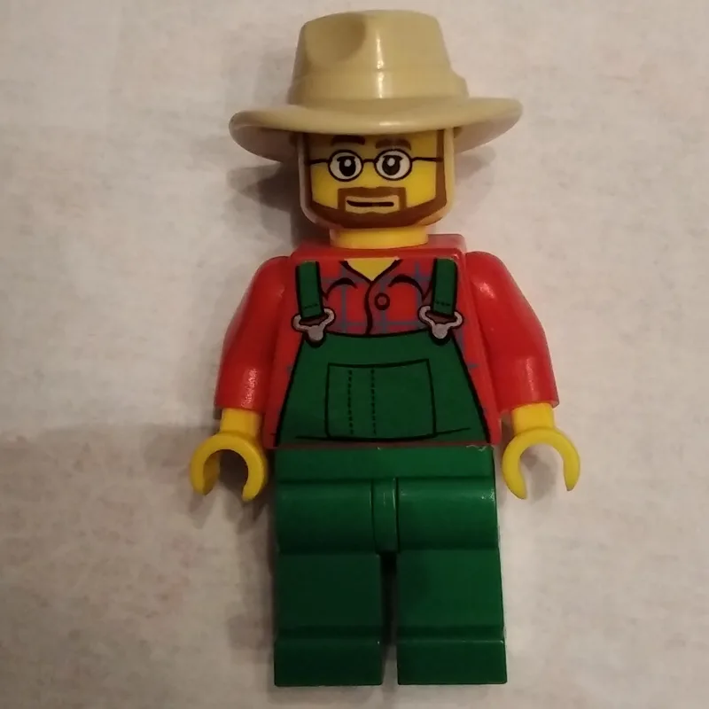 Man, Green Overalls over Red Shirt, Tan Wide… — minifigurine LEGO | Brick Broker