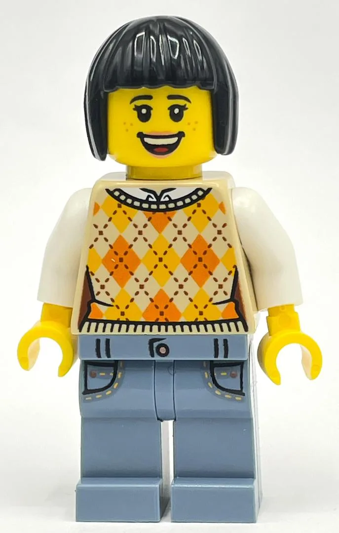 Woman, Tan Sweater Vest, Sand Blue Legs, Blac… — minifigurine LEGO | Brick Broker
