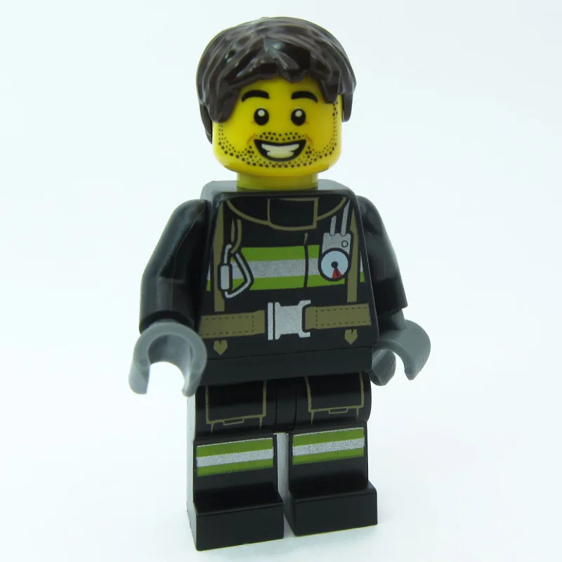 Firefighter, Black Fire Suit, Dark Brown Hair — minifigurine LEGO | Brick Broker