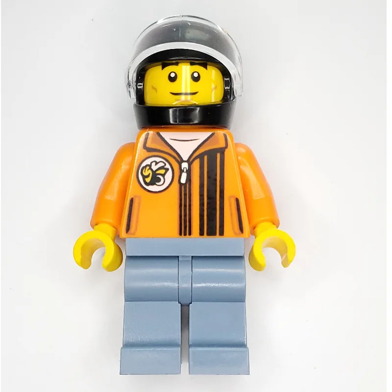 Race Driver - Orange Torso, Sand Blue Legs, B… — minifigurine LEGO | Brick Broker