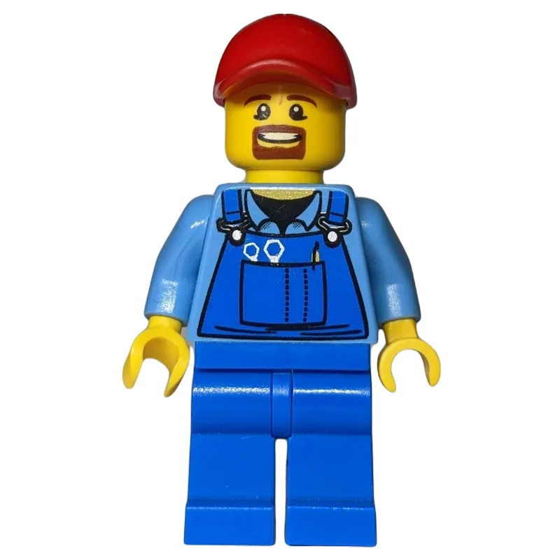 Man, Blue Overalls over Shirt, Blue Legs, Red… — minifigurine LEGO | Brick Broker