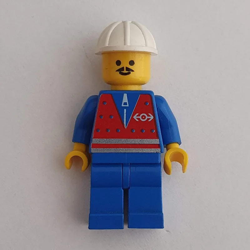 Train Worker - Red Vest, Blue Legs, White Hel… — minifigurine LEGO | Brick Broker